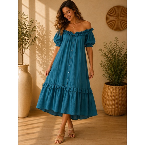 Anthropologie Dresses & Skirts - Anthropologie Teal Blue Ruffle Off Shoulder Cotton Gauze Midi Dress Large Boho